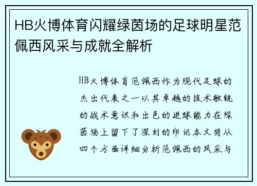 HB火博体育闪耀绿茵场的足球明星范佩西风采与成就全解析