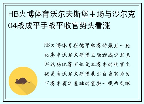 HB火博体育沃尔夫斯堡主场与沙尔克04战成平手战平收官势头看涨