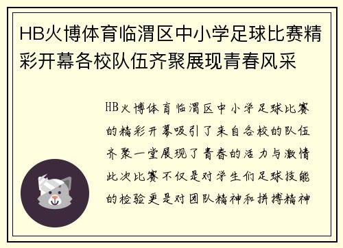 HB火博体育临渭区中小学足球比赛精彩开幕各校队伍齐聚展现青春风采